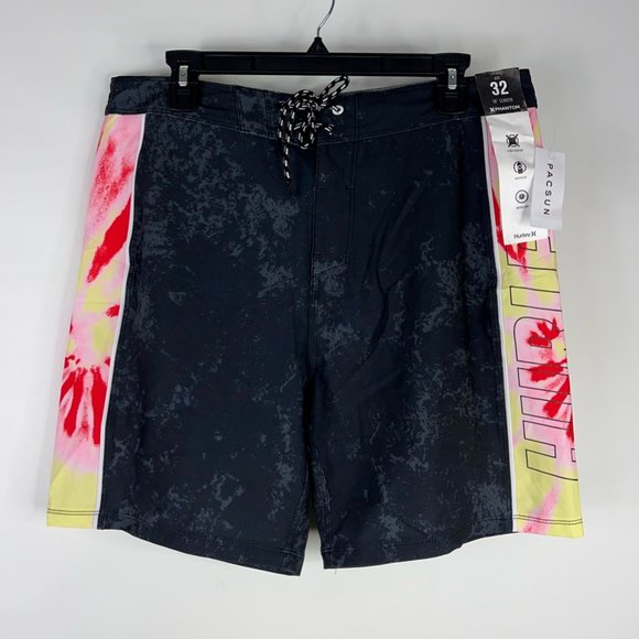 Hurley Mens Phantom Board Shorts Swim Black Gray Tie Dye Drawstring 32 New - Picture 1 of 12